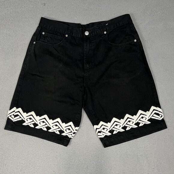 Eight 732 Shorts Men Sz 38 Black Denim Embroidered Leg Hip Hop Baggy Jeans - Picture 1 of 9